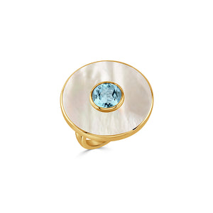 Doves by Doron Paloma 18Kt Gold White Mother of Pearl & Blue Topaz Fashion Ring