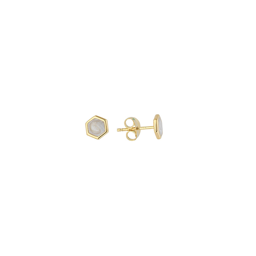 Yellow Gold Pearl Enamel Hexagon Stud Earrings