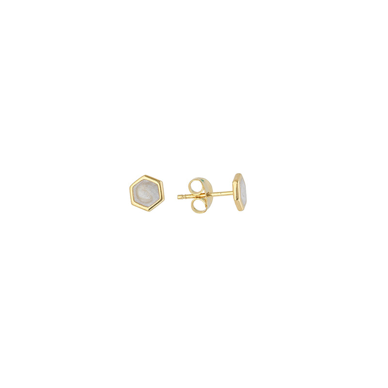 Yellow Gold Pearl Enamel Hexagon Stud Earrings