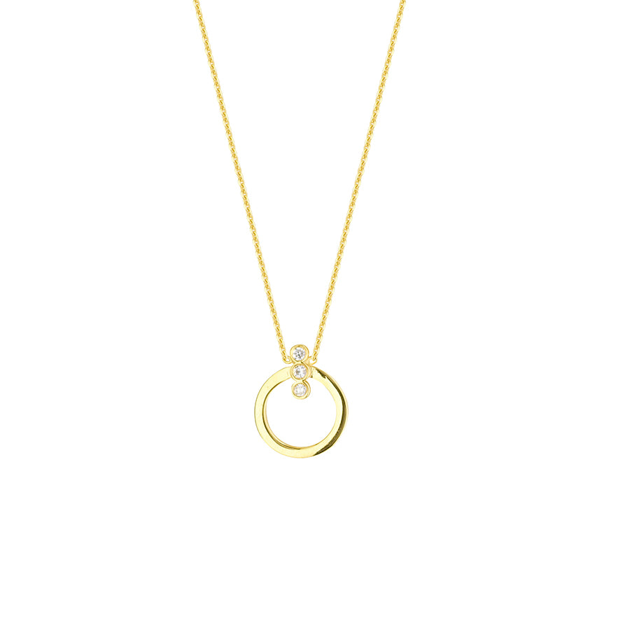 New Yellow Gold Three Diamond Open Circle Necklace